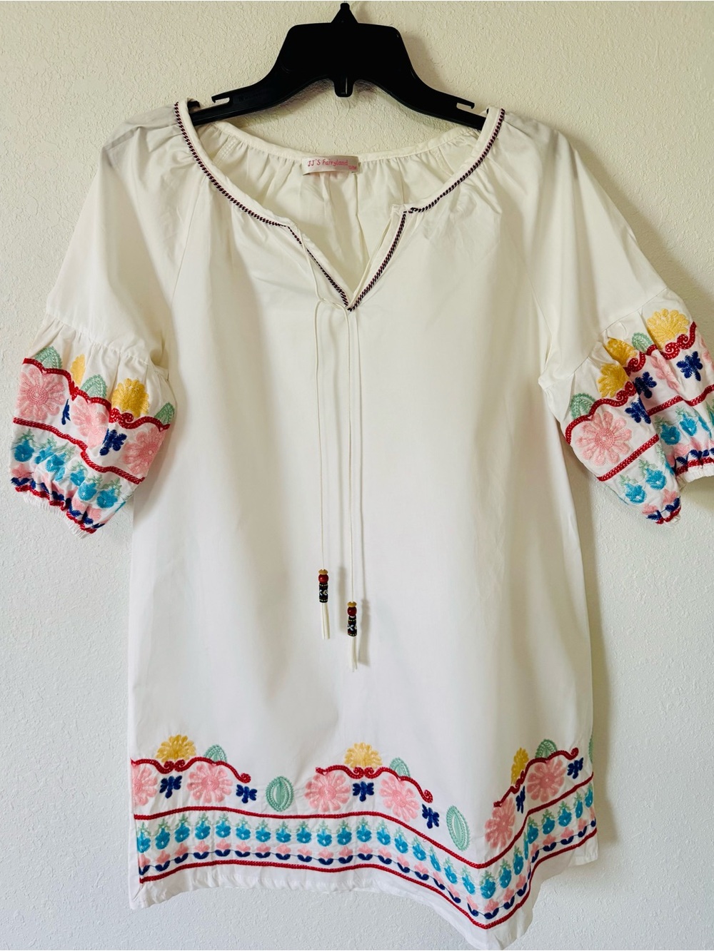 White Embroidered Peasant Dress with Multicolor Accent Size Sm/Med